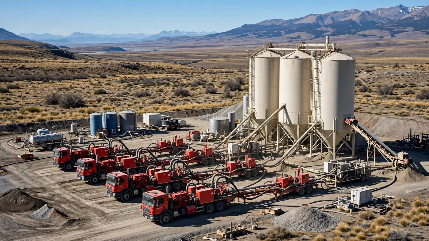 Flota de fracturación hidráulica con bombas y silos de arena en un pad en la Patagonia