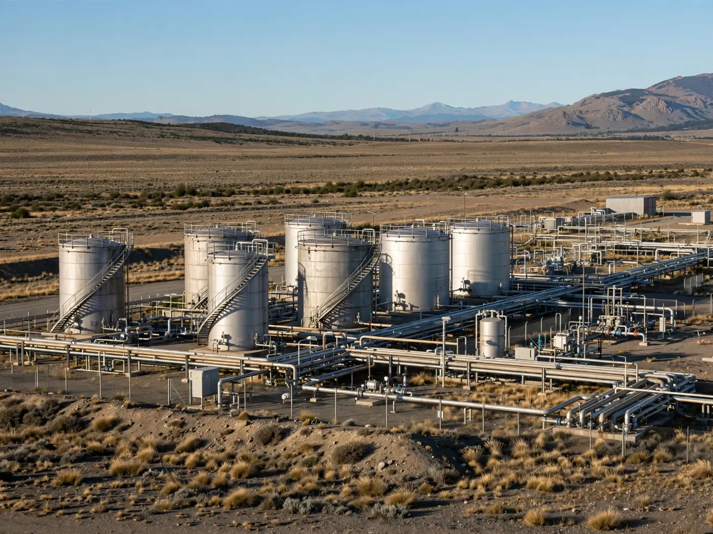 Tanques de almacenamiento de petróleo y oleoductos en una terminal de Neuquén