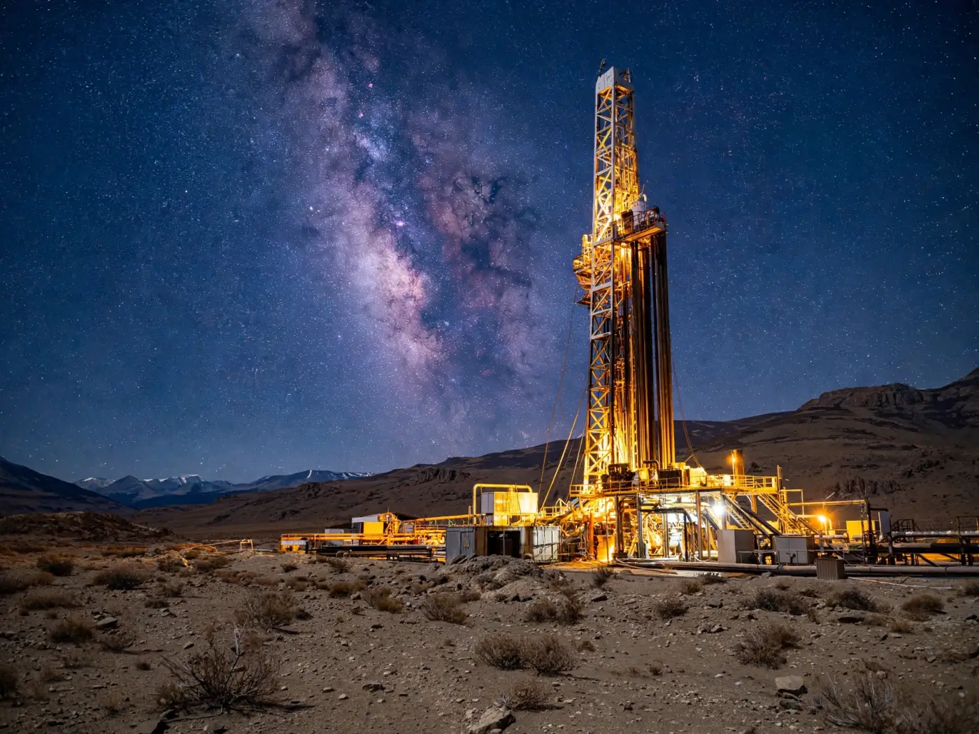 Vista nocturna de una torre de perforación iluminada contra el cielo estrellado patagónico