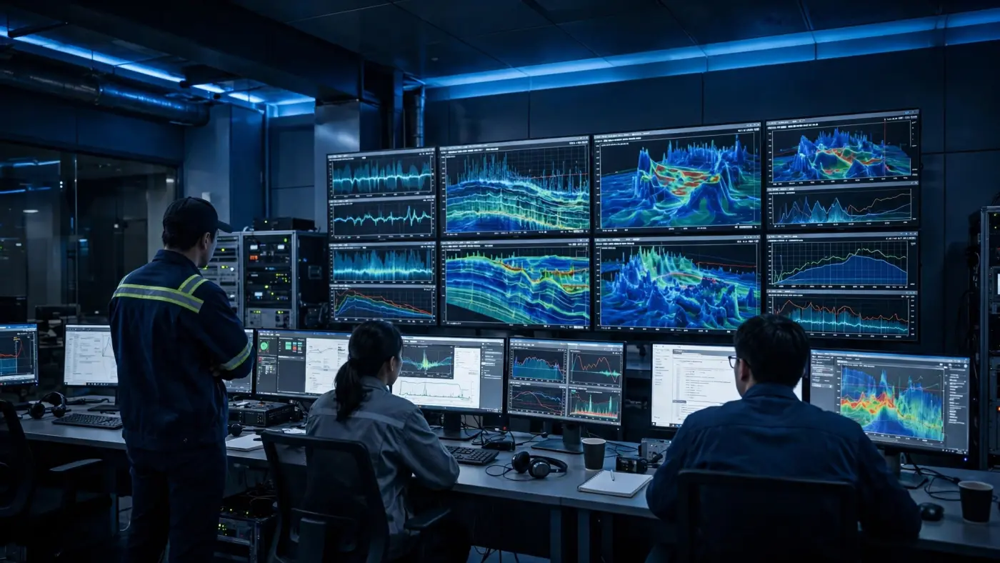 Ingenieros analizando datos sísmicos en pantallas dentro de una sala de control
